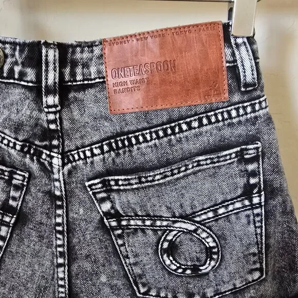 One Teaspoon Bandits Shorts 25 High Waist Western Acid Wash Black Gray Denim